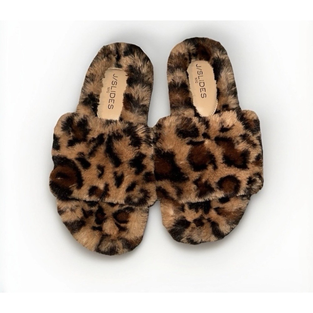J/Slides NYC Womens Leopard Faux Fur Slide Sandals Brown Animal Print Size 9M